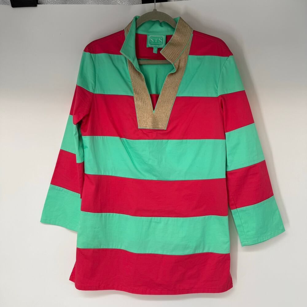 STS Sail to Sable Striped Tunic Top Women's M Pink & Green Colorblock 3/4 Sleeve